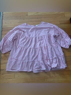 Pink Gingham Babydoll Top Puff Sleeve Tiered Cottagecore Feminine Spring Size 12